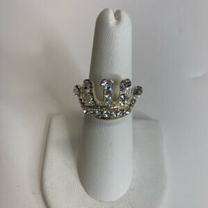 Rhinestone Crown Ring Silver Sz 6.5